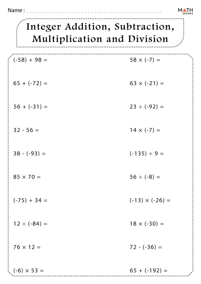 Worksheet for practicing multiplication and division of integers for seventh graders