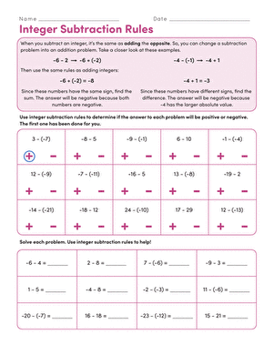 Integer Subtraction Rules Worksheet for Seventh Grade Math Practice Seventh grade math worksheet featuring step-by-step instructions for solving integer subtraction problems