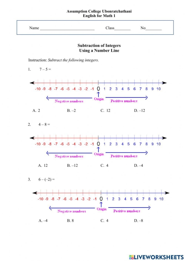 A seventh-grade student solving subtraction problems with positive and negative integers displayed on horizontal number lines