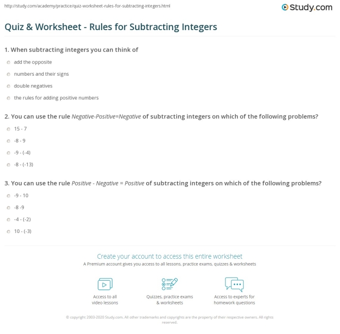 Integer Subtraction Rules Practice Sheet for Middle School Mathematics Seventh grade student working through integer subtraction problems converted to addition equations on a math worksheet