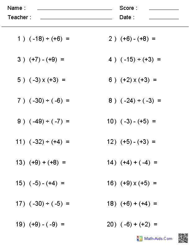 Math worksheet showing integer subtraction rules with practice problems for middle school students Seventh grade student working through integer subtraction problems by converting them to addition on a math worksheet