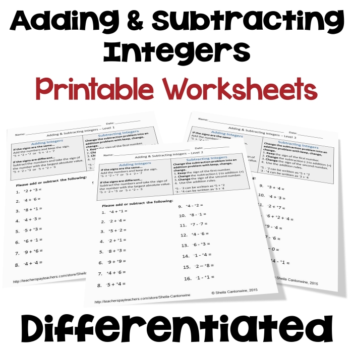 Worksheet for practicing the subtraction of positive and negative integers for seventh graders