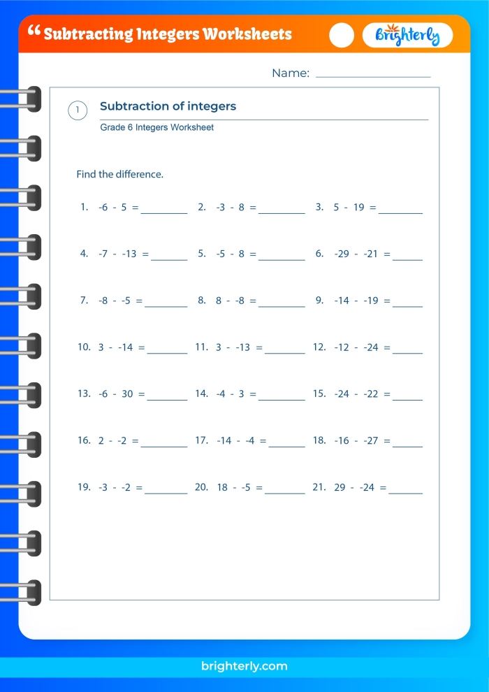 Seventh grade math worksheet featuring practice problems for subtracting positive and negative integers