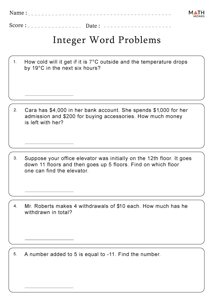 Seventh grade students solving integer addition and subtraction word problems with real-world scenarios