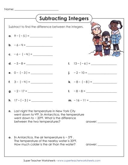 Worksheet for adding and subtracting integers designed for seventh-grade students