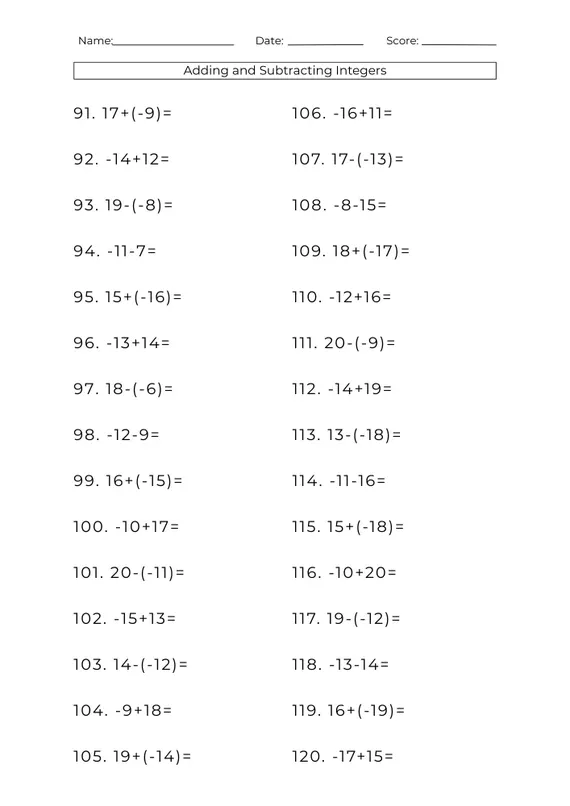 Worksheet for seventh graders to practice adding and subtracting integers