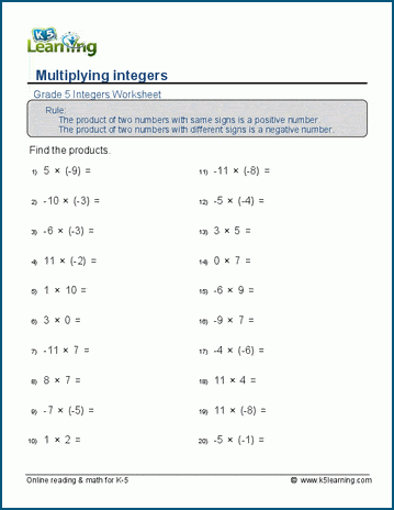 Worksheet for practicing multiplication and division of integers for seventh graders