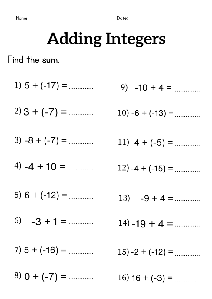 Students engaged in adding and subtracting integers on a worksheet designed for seventh grade math. Seventh-grade math worksheet focusing on the addition and subtraction of integers.