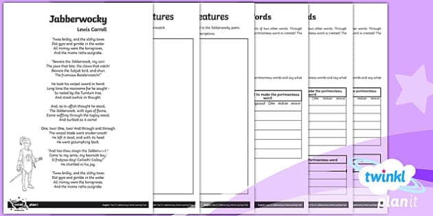 Seventh grade students analyzing the whimsical poem Jabberwocky on a structured reading comprehension worksheet