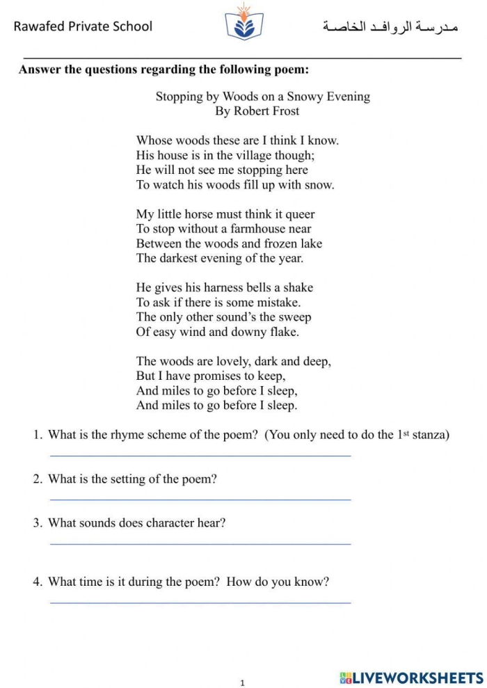 Seventh grade reading comprehension worksheet focused on analyzing the poem Jabberwocky by Lewis Carroll