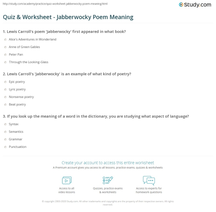 Worksheet for seventh-grade students analyzing the poem "Jabberwocky" by Lewis Carroll