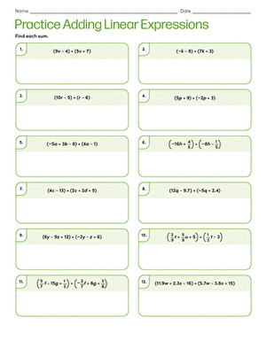 One-page practice worksheet on subtracting linear expressions for students Worksheet for practicing the subtraction of linear expressions in seventh grade mathematics
