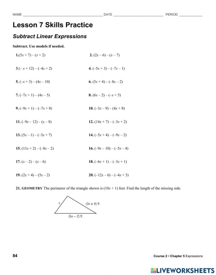 One-page worksheet designed for seventh graders to practice linear expression subtraction Worksheet featuring practice problems for subtracting linear expressions