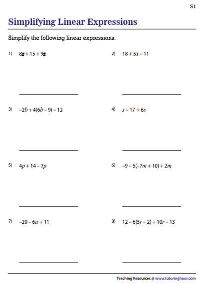 One-page practice worksheet for subtracting linear expressions, image 15 Worksheet for practicing subtraction of linear expressions in seventh grade mathematics