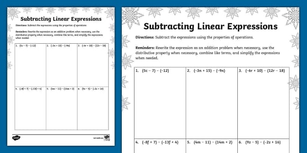 Worksheet focusing on integer and rational number subtraction skills Practice worksheet for subtracting linear expressions for seventh graders
