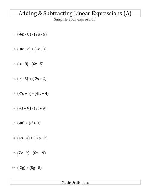 Worksheet for practicing adding and subtracting linear expressions for seventh graders