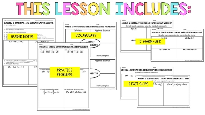 Worksheet featuring practice problems for adding and subtracting linear expressions for seventh graders
