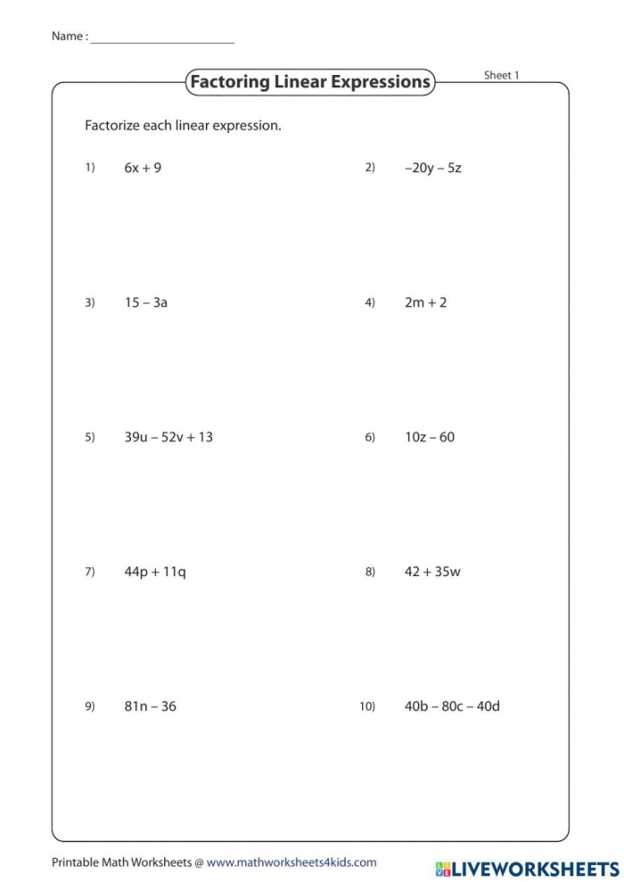 Seventh grader solving expanding and factoring linear expressions problems on math worksheet