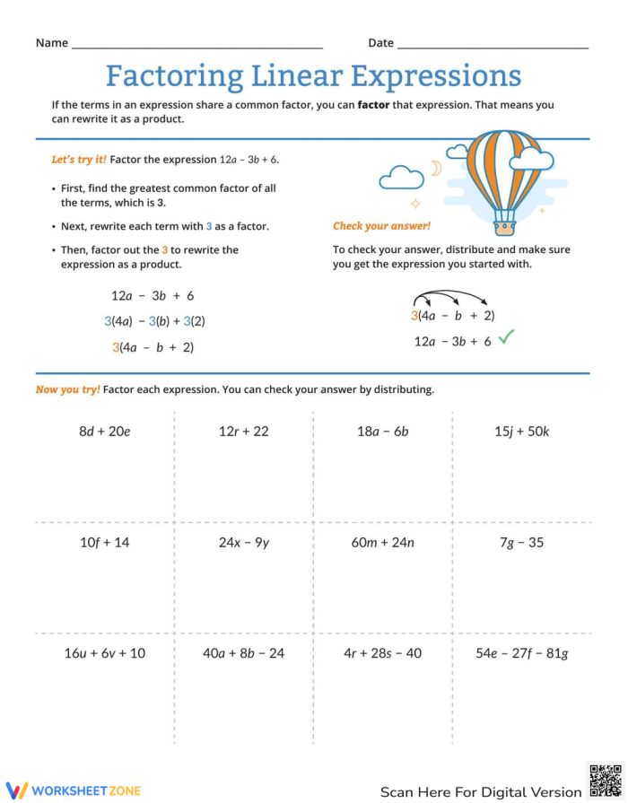 Seventh grade student worksheet focusing on expanding and factoring linear algebraic expressions