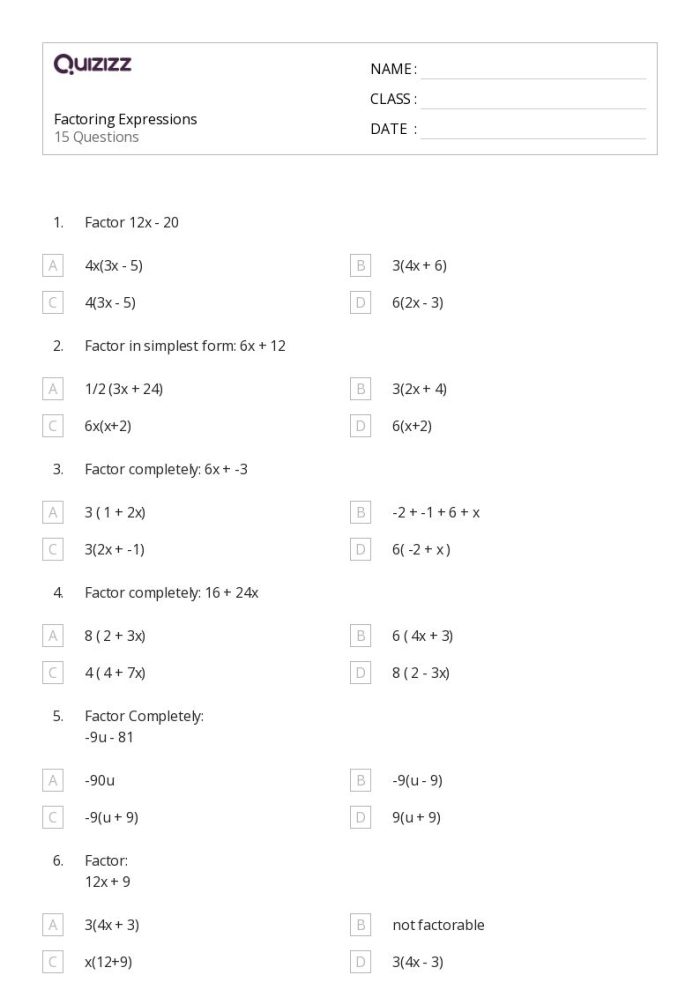 Seventh grade student solving expanding and factoring linear expressions problems on algebra worksheet 20