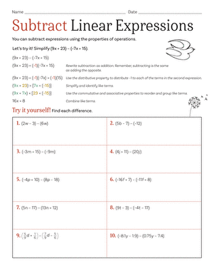 Practice Subtracting Linear Expressions Worksheet for Integers and Rational Numbers Worksheet for practicing the subtraction of linear expressions for seventh-grade students