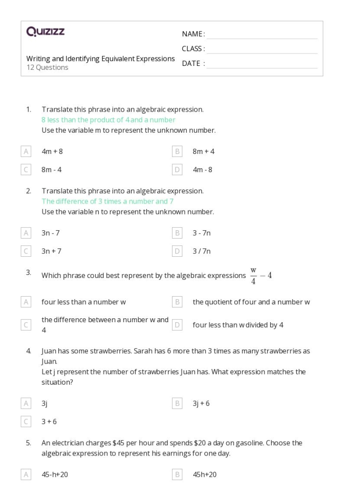 Seventh-grade algebra worksheet on equivalent linear expressions Worksheet for identifying equivalent linear expressions in seventh-grade algebra