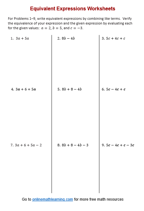 Seventh Grade Algebra: Identifying Equivalent Linear Expressions Worksheet Image 17 Worksheet for seventh graders focusing on identifying equivalent linear expressions