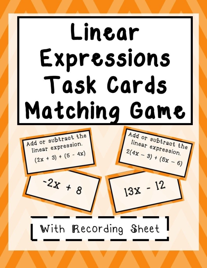 Worksheet featuring exercises on adding and subtracting linear expressions for seventh graders
