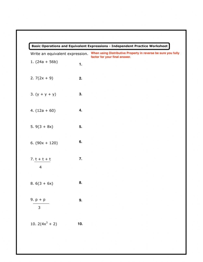 Seventh-grade algebra practice worksheet for recognizing equivalent linear expressions Worksheet on identifying equivalent linear expressions for seventh-grade students