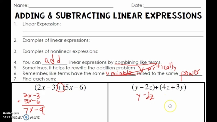 Subtracting Linear Expressions Worksheet for Seventh Grade Practice Worksheet featuring subtraction of linear expressions for seventh graders