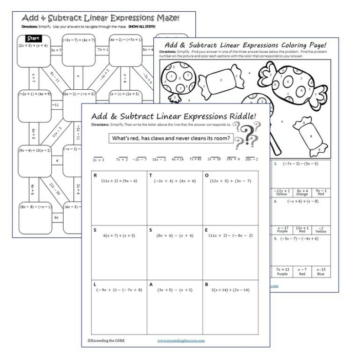 One-page practice worksheet on subtracting linear expressions, image 16 Worksheet for practicing the subtraction of linear expressions for seventh graders
