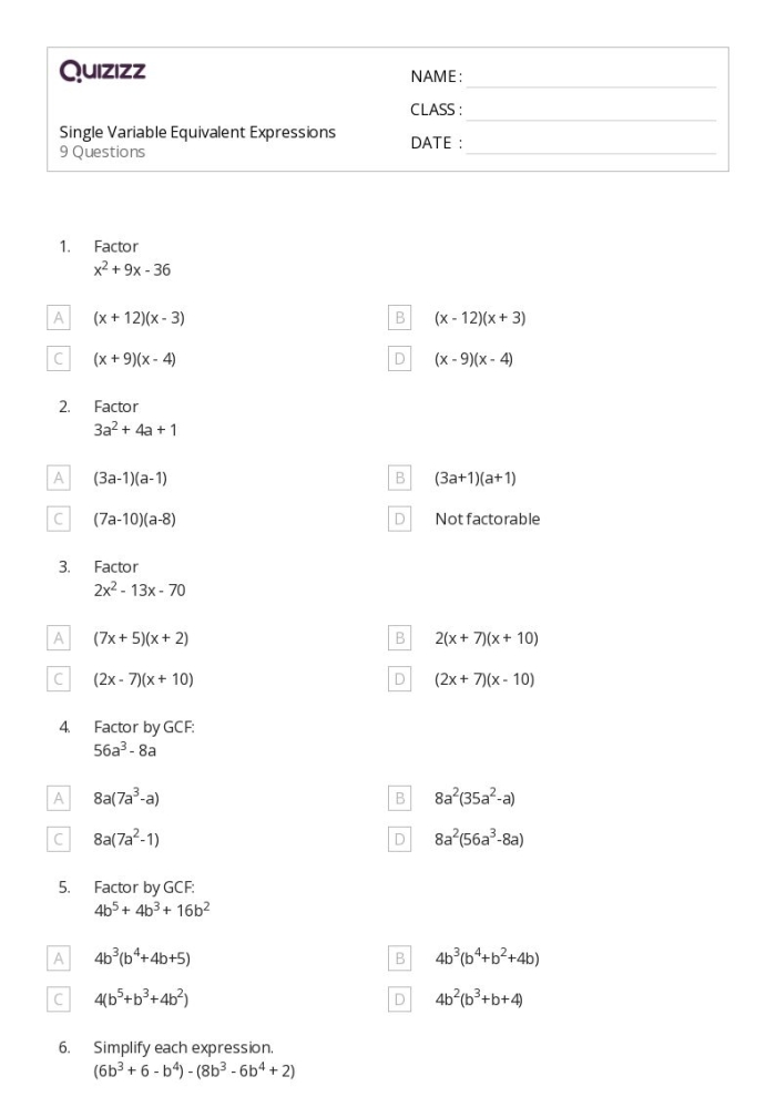 Identifying Equivalent Linear Expressions Worksheet - Image 13 Worksheet for practicing equivalent linear expressions for seventh-grade students