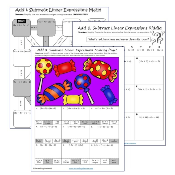 Worksheet for practicing adding and subtracting linear expressions for seventh graders