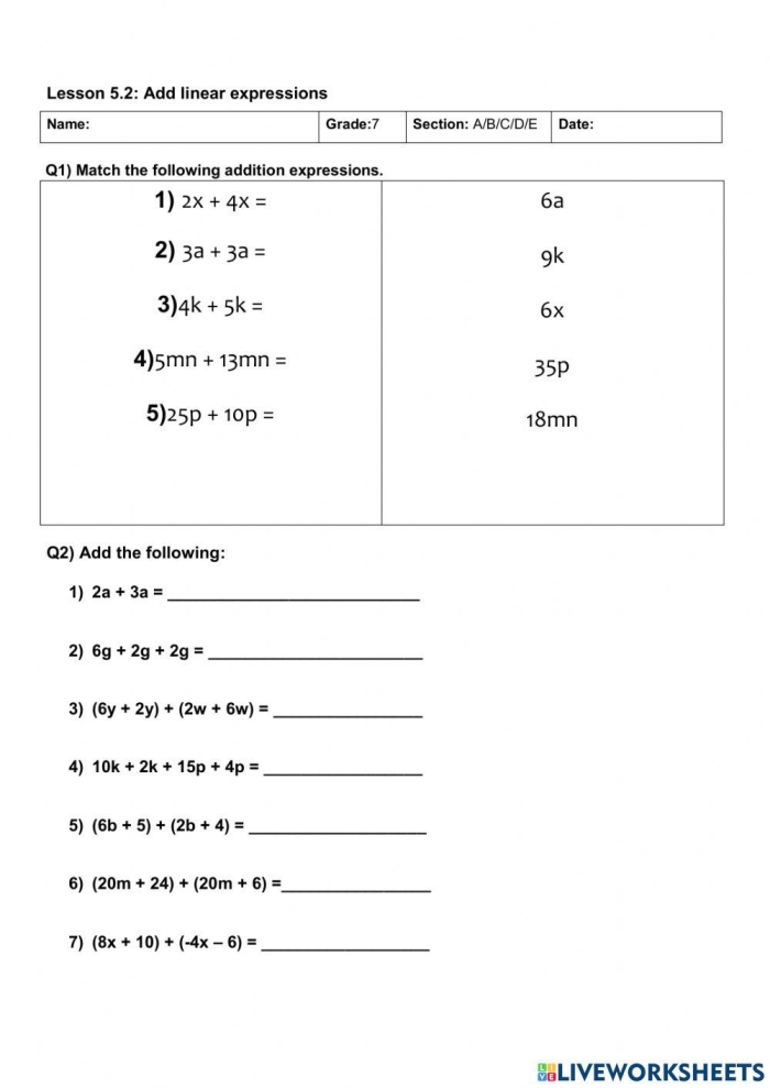 Practice Subtracting Linear Expressions worksheet for integers and rational numbers Worksheet for practicing subtraction of linear expressions for seventh graders