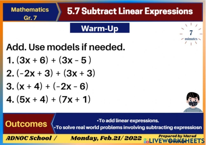 Worksheet for practicing adding and subtracting linear expressions for seventh graders