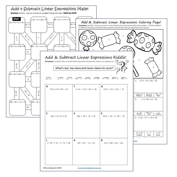 Subtract Linear Expressions Practice Worksheet for Seventh Grade Worksheet for practicing the subtraction of linear expressions in seventh-grade algebra