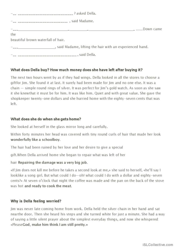 Seventh grade reading comprehension worksheet featuring a literary analysis of The Gift of the Magi