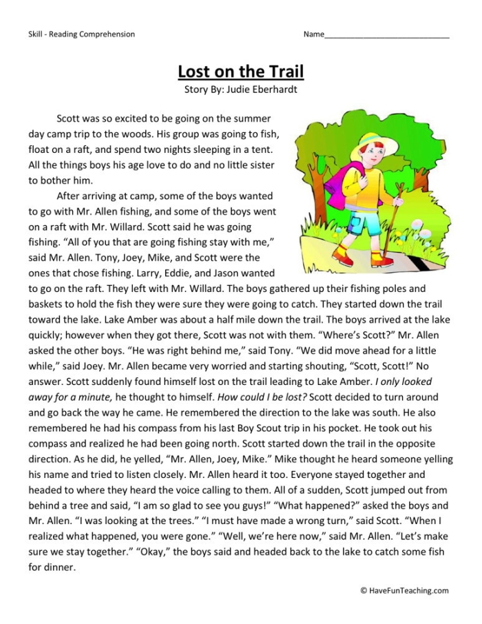 Reading Comprehension Worksheet 12 Lost and Found Literacy Exercise Seventh grade student working on a Lost and Found reading comprehension worksheet about fiction story elements