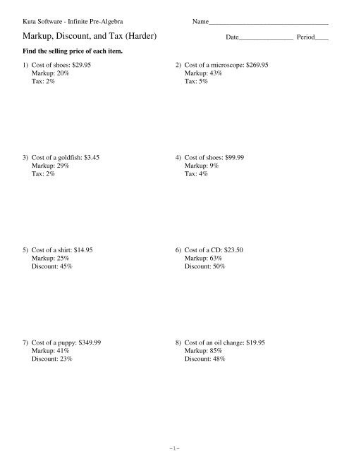 Worksheet 13: Real-world markup and markdown calculations for middle school math Seventh-grade student working through markup and markdown percent problems on a math worksheet