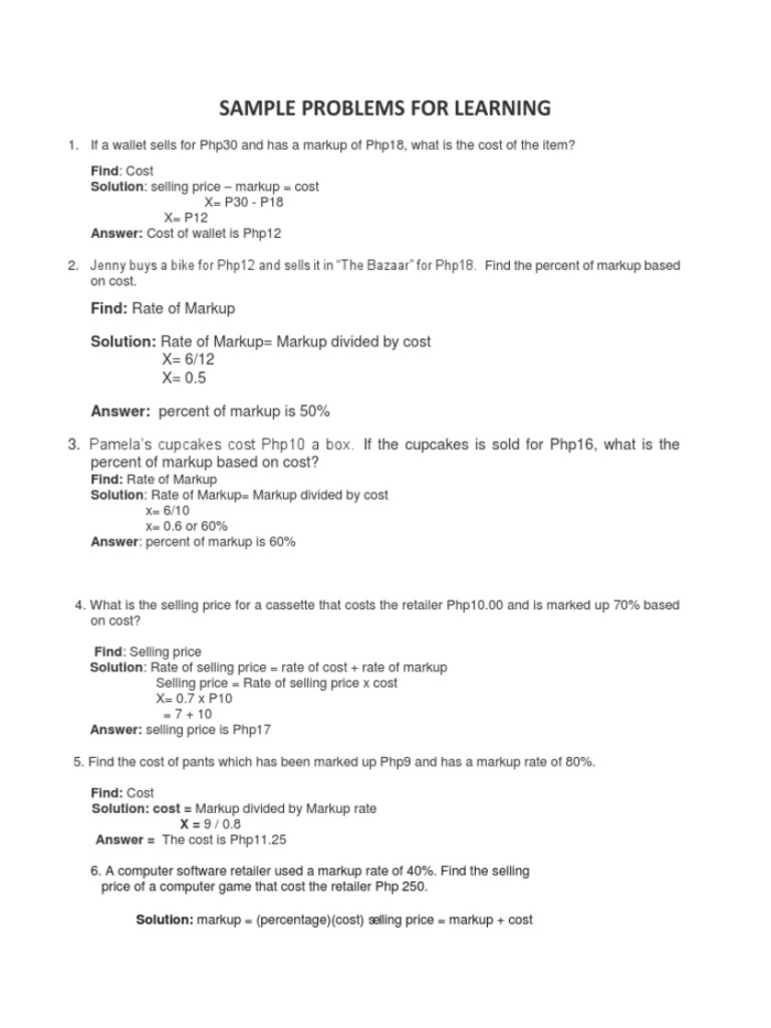 Markup and Markdown Word Problems Worksheet for 7th Grade Math Lesson 17 Seventh grade math worksheet featuring markup and markdown percentage word problems