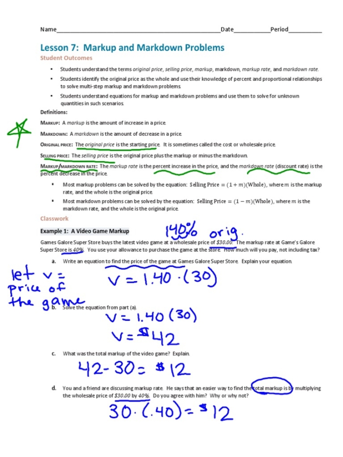 Real-world percent applications for calculating product markups and markdowns in retail scenarios Seventh grade students solving markup and markdown percent word problems on a math worksheet
