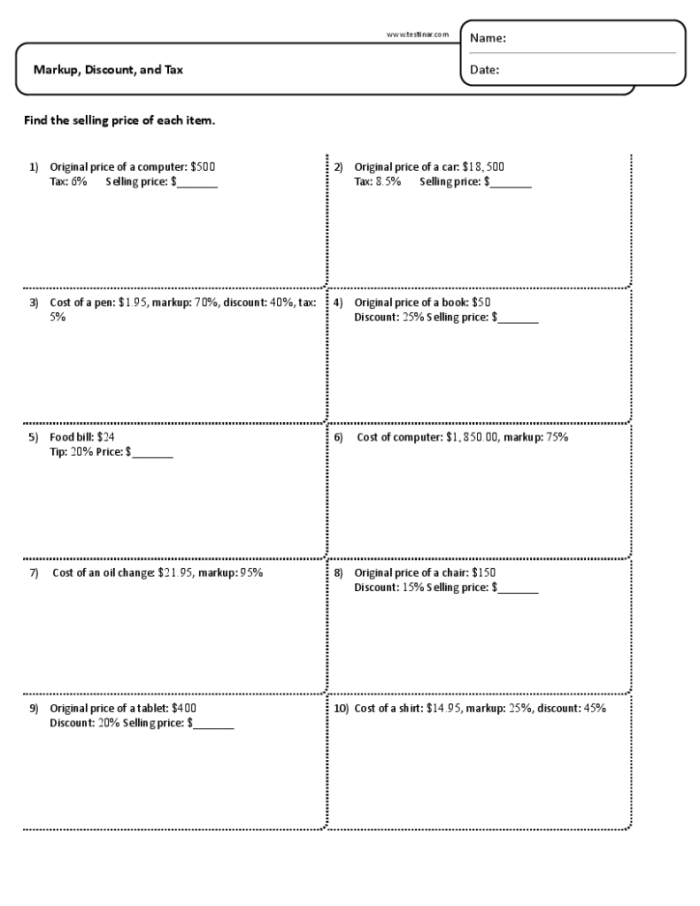 Real-world percent calculations for markup and markdown scenarios in middle school mathematics Seventh grade student solving markup and markdown percent word problems on a math worksheet