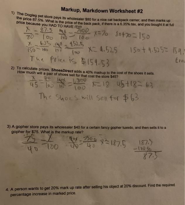 Markup and Markdown Real-World Percent Problem Practice for Middle School Math Seventh grade student solving markup and markdown percent word problems on a math worksheet