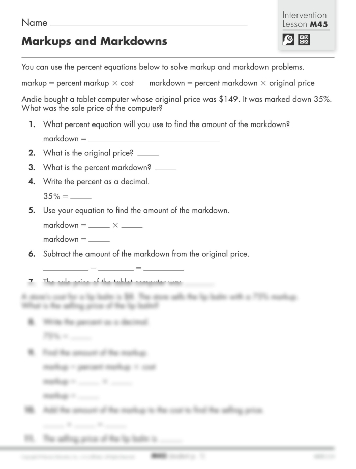Real-world percent calculations for retail markup and markdown scenarios Seventh grade students solving markup and markdown percent word problems on a math worksheet