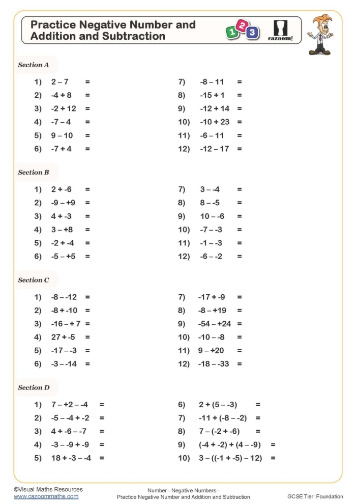 A one-page fractions worksheet designed for seventh-grade students to practice mixed numbers Worksheet for adding and subtracting positive and negative mixed numbers for seventh graders