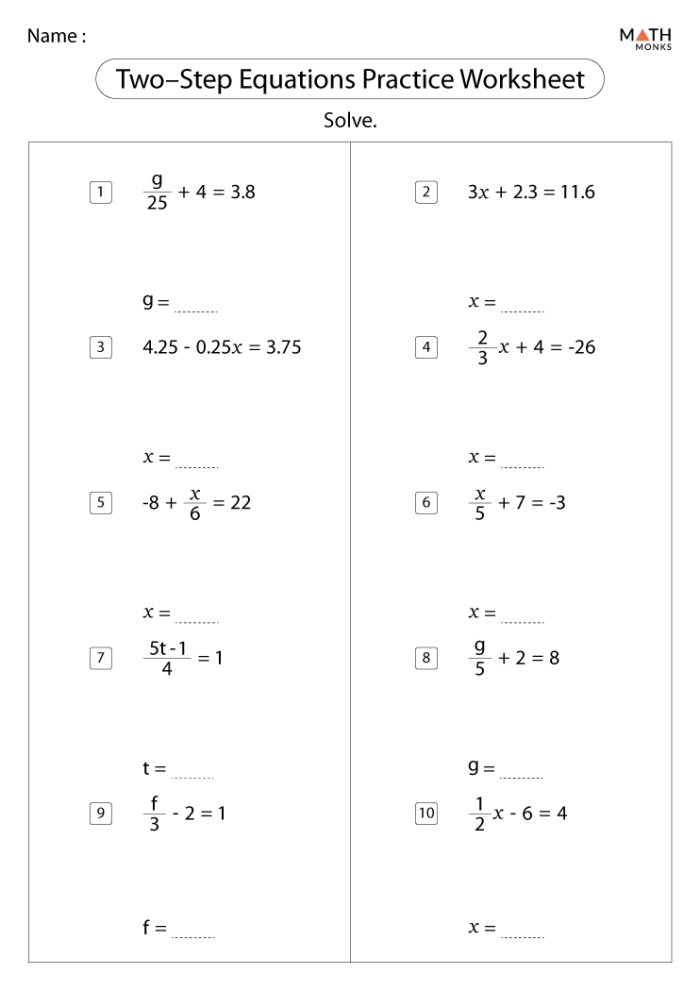 Practice worksheet for seventh graders on two-step equations: Level 1 Students engaging with a Level 1 worksheet on solving two-step equations in multiplication for seventh grade