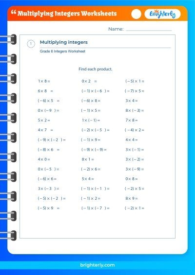 Multiplying Integers Practice Worksheet for Seventh Grade Number Sense Seventh grade math worksheet focusing on multiplying positive and negative integers