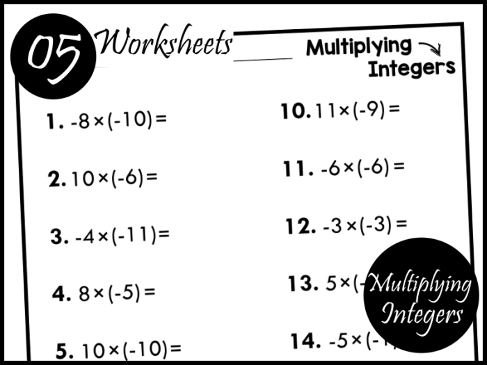 Multiplying Integers Worksheet Number 15 for Seventh Grade Math Practice Seventh grade student worksheet focusing on multiplying positive and negative integers