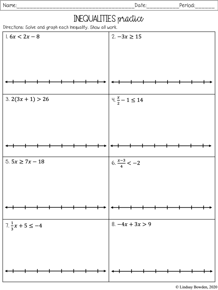 Seventh grade algebra worksheet featuring problems for solving one-step inequalities and graphing solutions