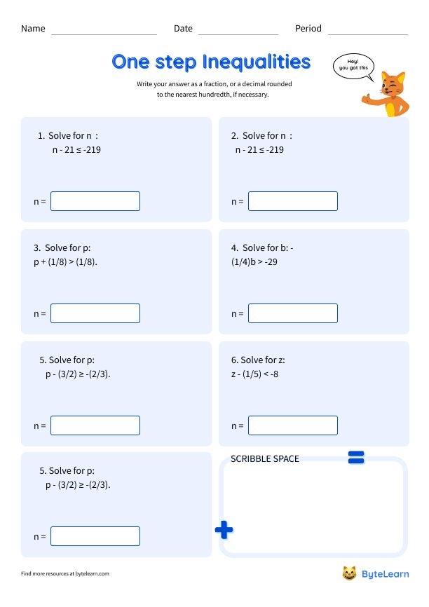 Worksheet featuring one-step inequalities for seventh-grade students to practice solving and graphing solutions